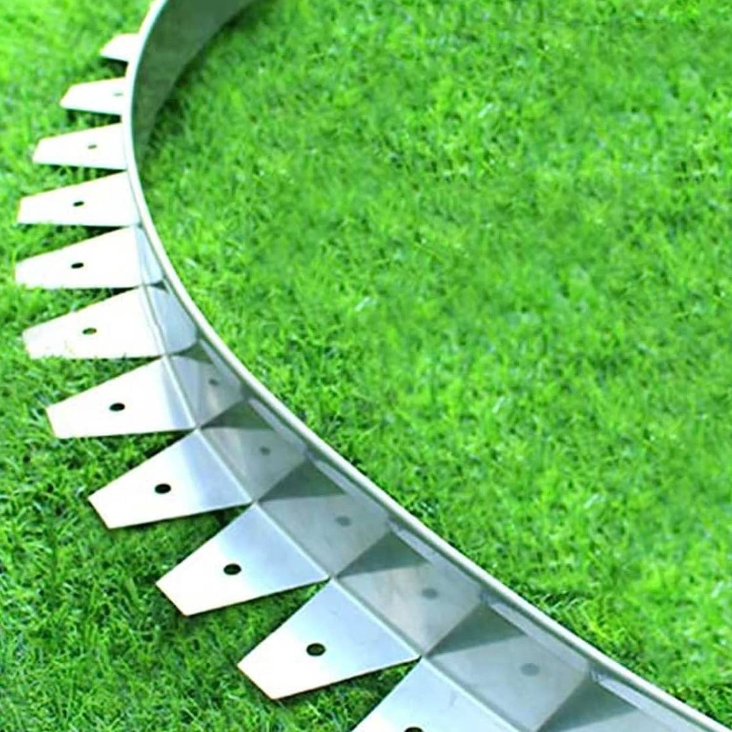 Stainless steel garden edging holding the line between lawn and bed